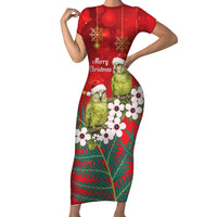 New Zealand Kakapo Christmas Short Sleeve Bodycon Dress Owl Parrot Santa Sliver Fern Manuka - Red - Polynesian Pride