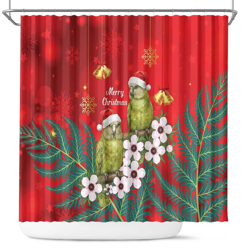 New Zealand Kakapo Christmas Shower Curtain Owl Parrot Santa Sliver Fern Manuka - Red - Polynesian Pride