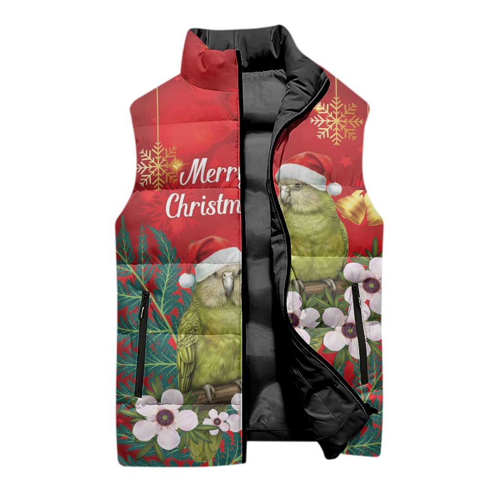 New Zealand Kakapo Christmas Sleeveless Puffer Jacket Owl Parrot Santa Sliver Fern Manuka - Red - Polynesian Pride