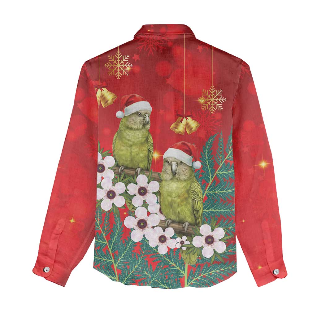 New Zealand Kakapo Christmas Women Casual Shirt Owl Parrot Santa Sliver Fern Manuka - Red - Polynesian Pride