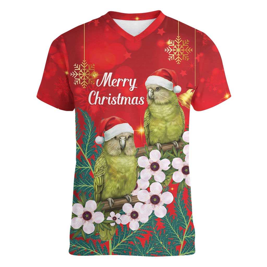 New Zealand Kakapo Christmas Women V-Neck T-Shirt Owl Parrot Santa Sliver Fern Manuka - Red - Polynesian Pride