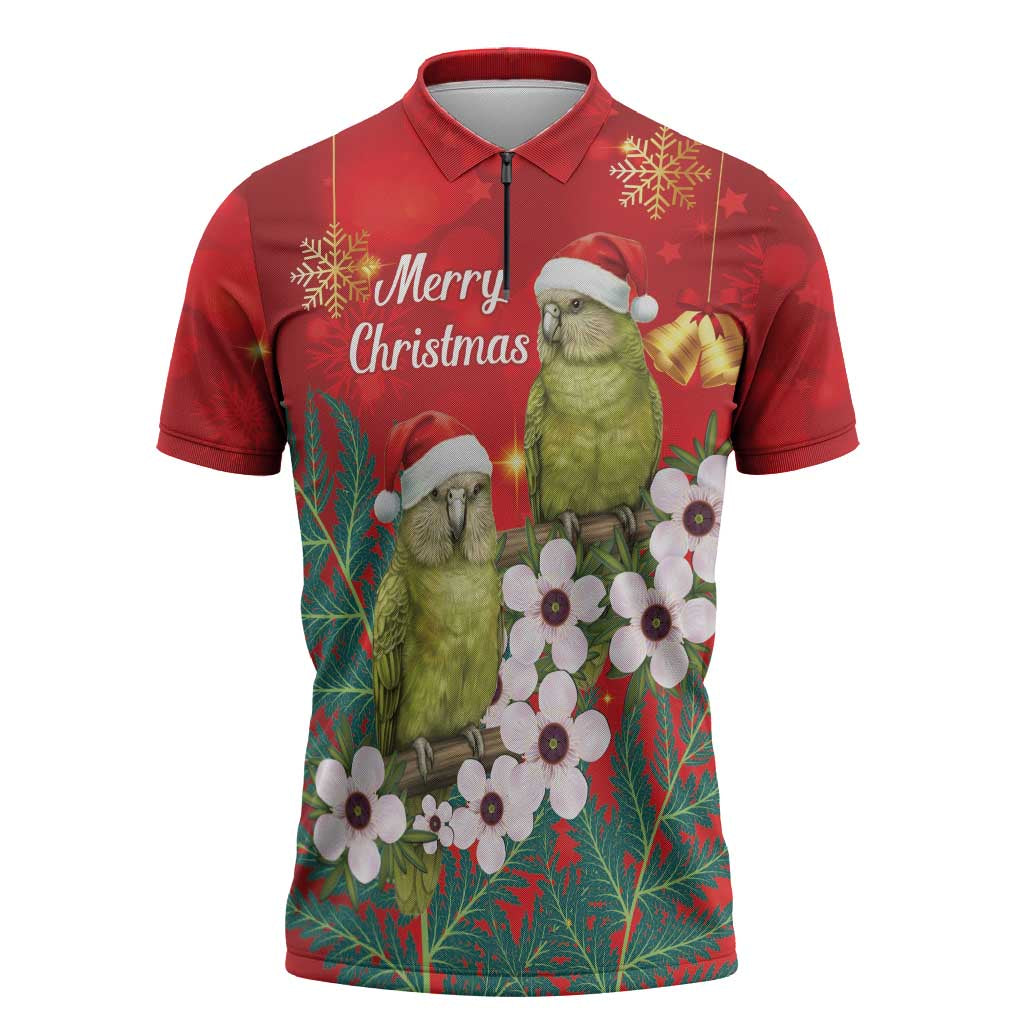 New Zealand Kakapo Christmas Zipper Polo Shirt Owl Parrot Santa Sliver Fern Manuka - Red - Polynesian Pride