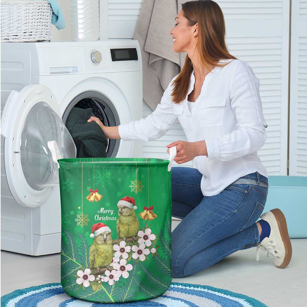 New Zealand Kakapo Christmas Laundry Basket Owl Parrot Santa Sliver Fern Manuka - Green - Polynesian Pride