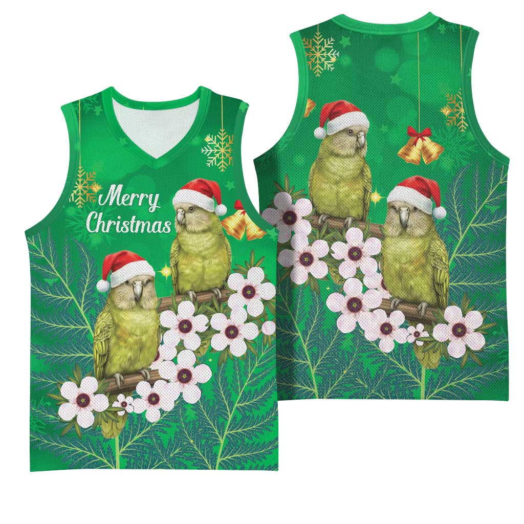 New Zealand Kakapo Christmas Basketball Jersey Owl Parrot Santa Sliver Fern Manuka - Green - Polynesian Pride