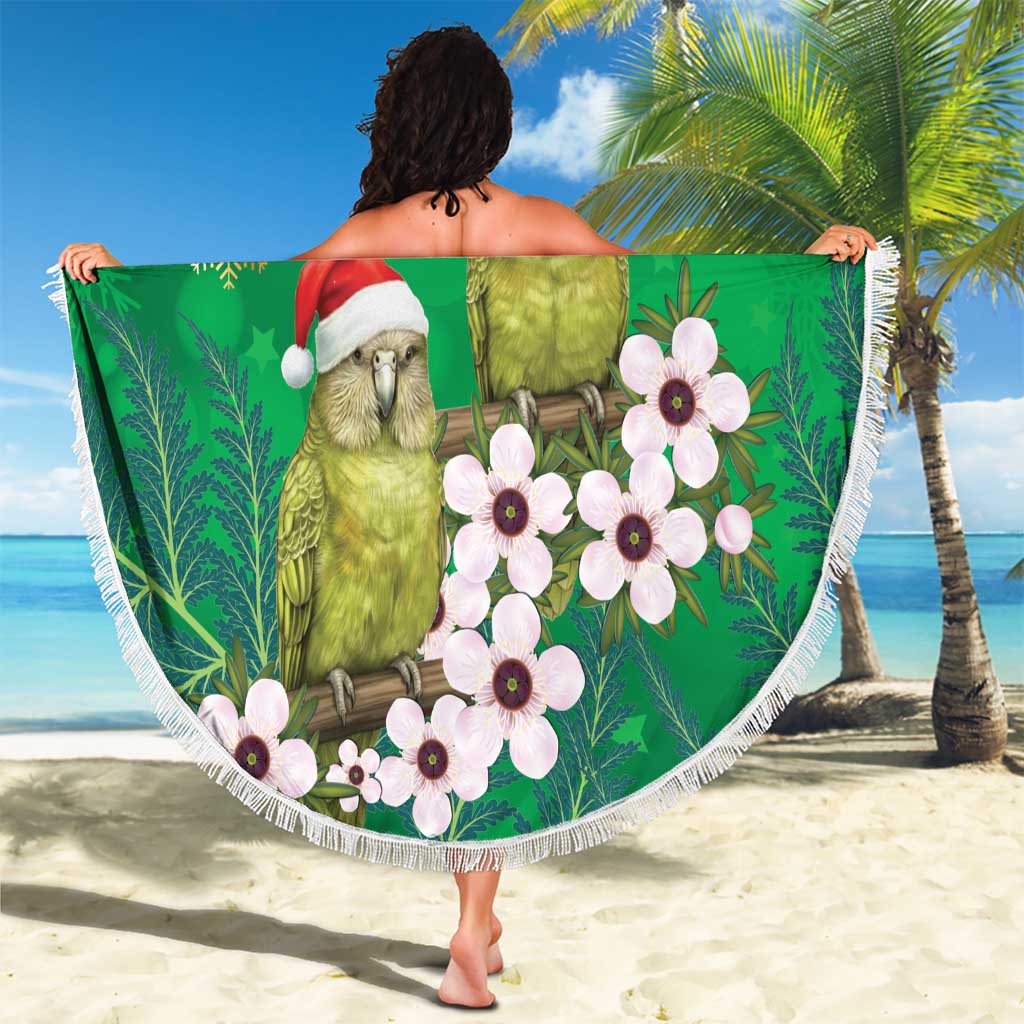 New Zealand Kakapo Christmas Beach Blanket Owl Parrot Santa Sliver Fern Manuka - Green - Polynesian Pride