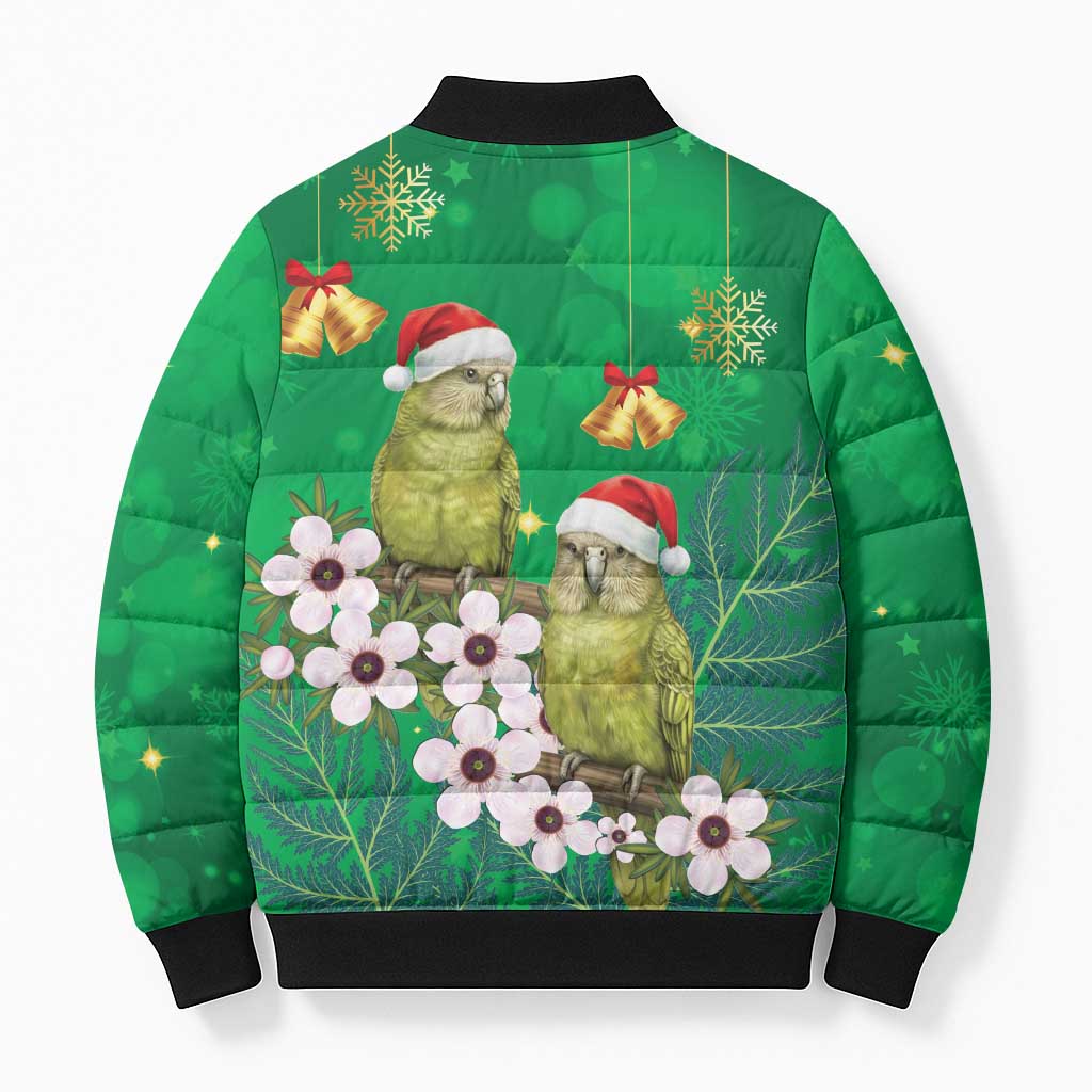 New Zealand Kakapo Christmas Bomber Puffer Jacket Owl Parrot Santa Sliver Fern Manuka - Green - Polynesian Pride