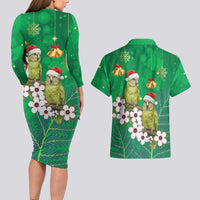 New Zealand Kakapo Christmas Couples Matching Long Sleeve Bodycon Dress and Hawaiian Shirt Owl Parrot Santa Sliver Fern Manuka - Green - Polynesian Pride