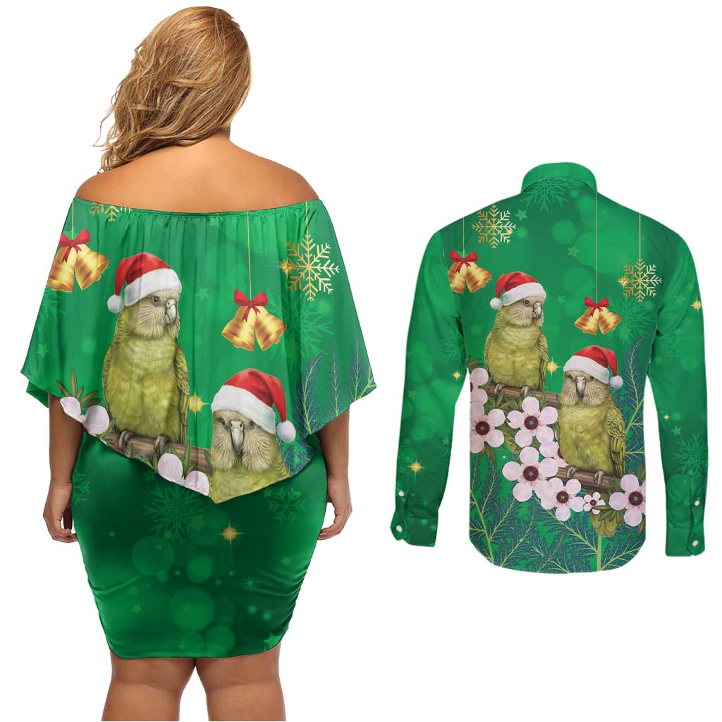 New Zealand Kakapo Christmas Couples Matching Off Shoulder Short Dress and Long Sleeve Button Shirt Owl Parrot Santa Sliver Fern Manuka - Green - Polynesian Pride