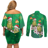 New Zealand Kakapo Christmas Couples Matching Off Shoulder Short Dress and Long Sleeve Button Shirt Owl Parrot Santa Sliver Fern Manuka - Green - Polynesian Pride