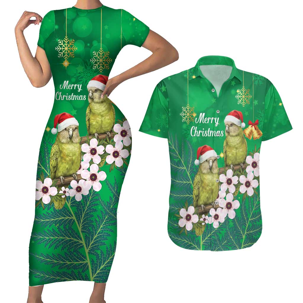 New Zealand Kakapo Christmas Couples Matching Short Sleeve Bodycon Dress and Hawaiian Shirt Owl Parrot Santa Sliver Fern Manuka - Green - Polynesian Pride