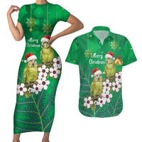 New Zealand Kakapo Christmas Couples Matching Short Sleeve Bodycon Dress and Hawaiian Shirt Owl Parrot Santa Sliver Fern Manuka - Green - Polynesian Pride