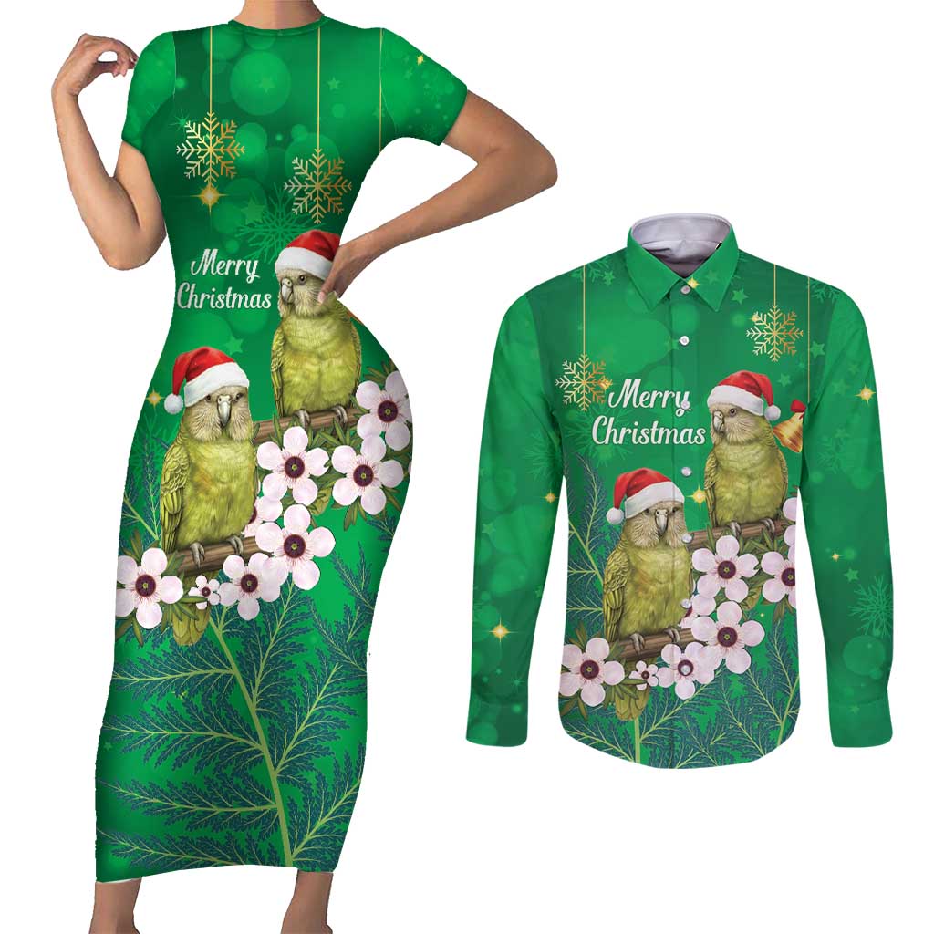 New Zealand Kakapo Christmas Couples Matching Short Sleeve Bodycon Dress and Long Sleeve Button Shirt Owl Parrot Santa Sliver Fern Manuka - Green - Polynesian Pride
