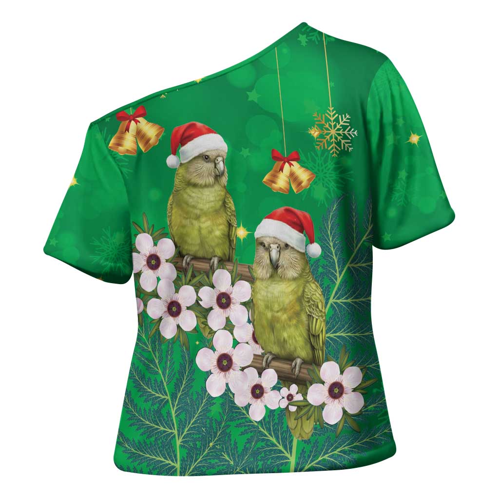 New Zealand Kakapo Christmas Cross Shoulder Shirt Owl Parrot Santa Sliver Fern Manuka - Green - Polynesian Pride