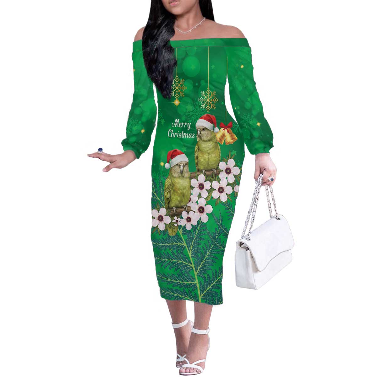 New Zealand Kakapo Christmas Family Matching Off The Shoulder Long Sleeve Dress and Hawaiian Shirt Owl Parrot Santa Sliver Fern Manuka - Green - Polynesian Pride