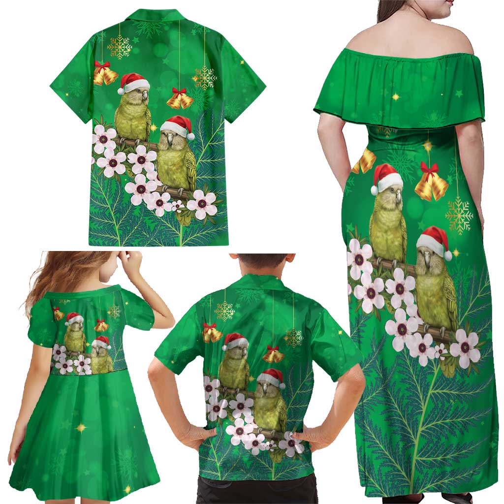New Zealand Kakapo Christmas Family Matching Off Shoulder Maxi Dress and Hawaiian Shirt Owl Parrot Santa Sliver Fern Manuka - Green - Polynesian Pride