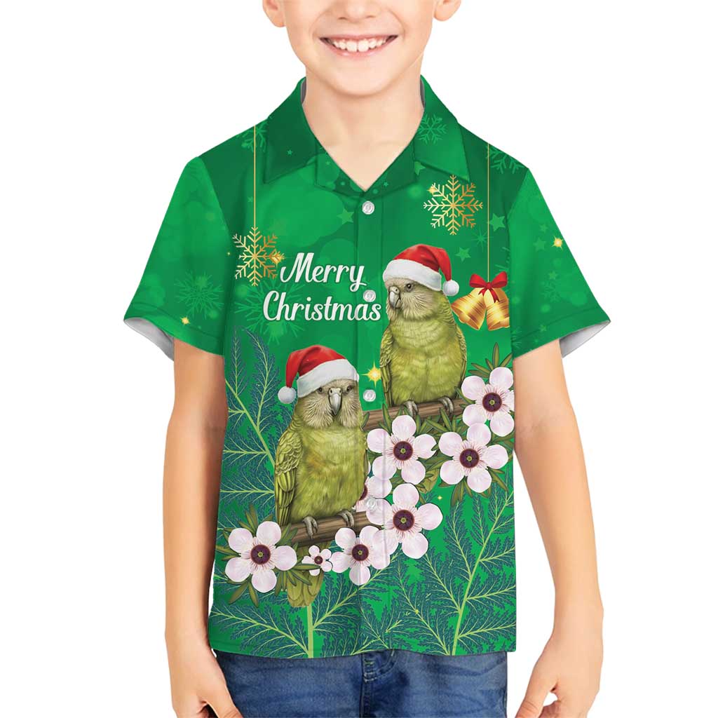 New Zealand Kakapo Christmas Family Matching Off Shoulder Maxi Dress and Hawaiian Shirt Owl Parrot Santa Sliver Fern Manuka - Green - Polynesian Pride