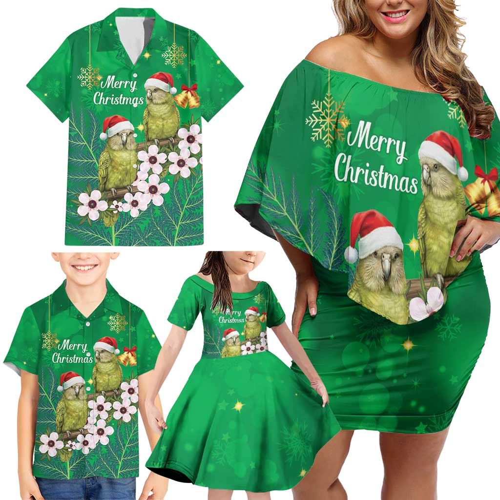 New Zealand Kakapo Christmas Family Matching Off Shoulder Short Dress and Hawaiian Shirt Owl Parrot Santa Sliver Fern Manuka - Green - Polynesian Pride