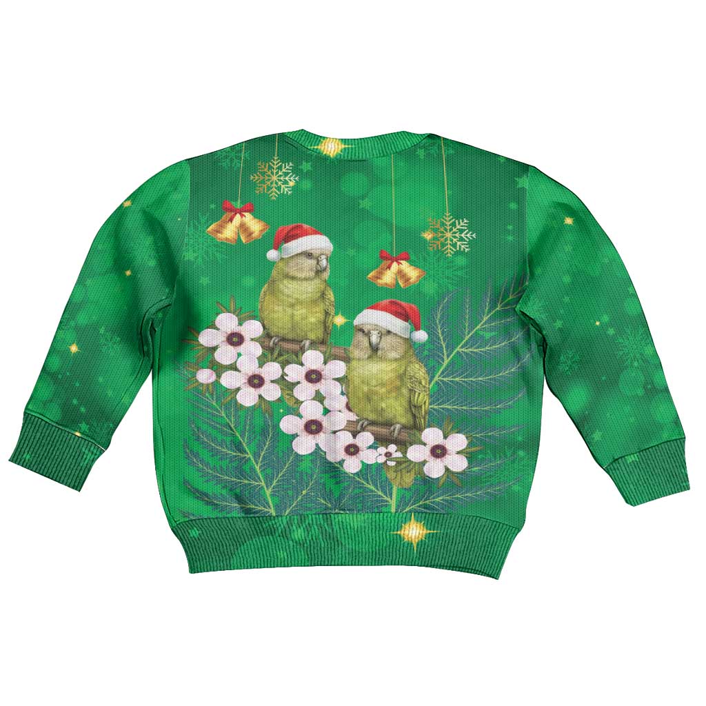 New Zealand Kakapo Christmas Kid Ugly Christmas Sweater Owl Parrot Santa Sliver Fern Manuka - Green - Polynesian Pride