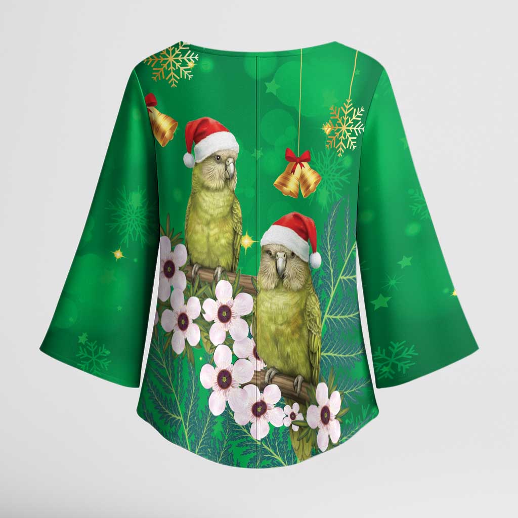New Zealand Kakapo Christmas Kimono Sleeve Blouse Owl Parrot Santa Sliver Fern Manuka - Green - Polynesian Pride