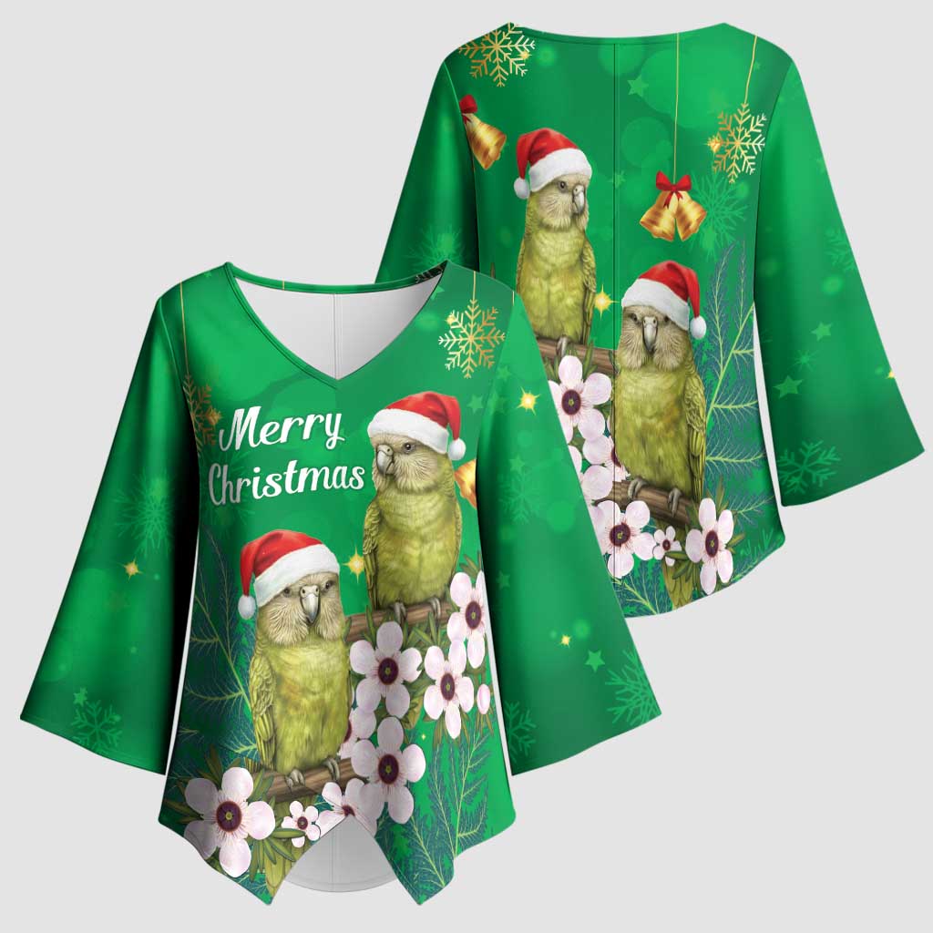 New Zealand Kakapo Christmas Kimono Sleeve Blouse Owl Parrot Santa Sliver Fern Manuka - Green - Polynesian Pride