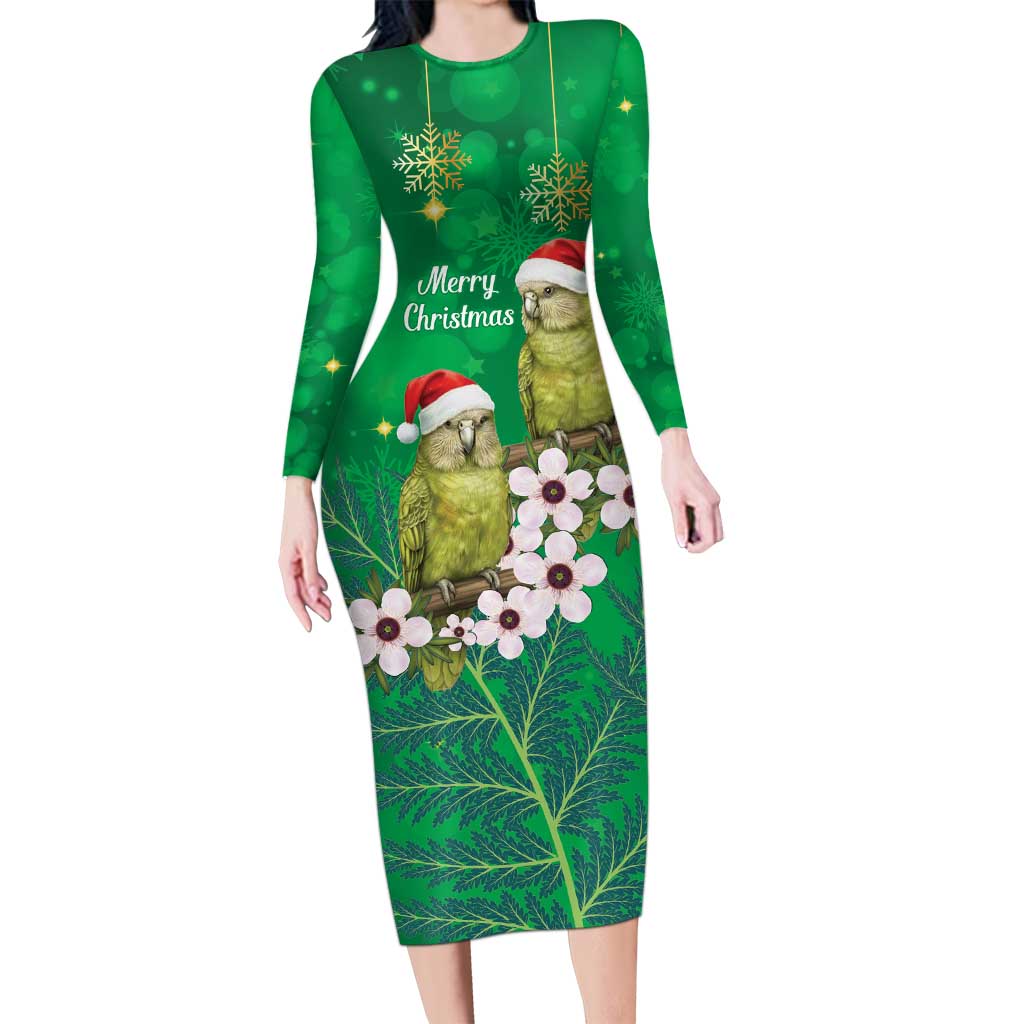 New Zealand Kakapo Christmas Long Sleeve Bodycon Dress Owl Parrot Santa Sliver Fern Manuka - Green - Polynesian Pride