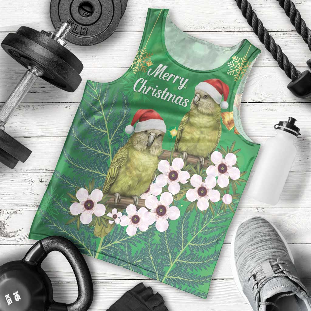 New Zealand Kakapo Christmas Men Tank Top Owl Parrot Santa Sliver Fern Manuka - Green - Polynesian Pride
