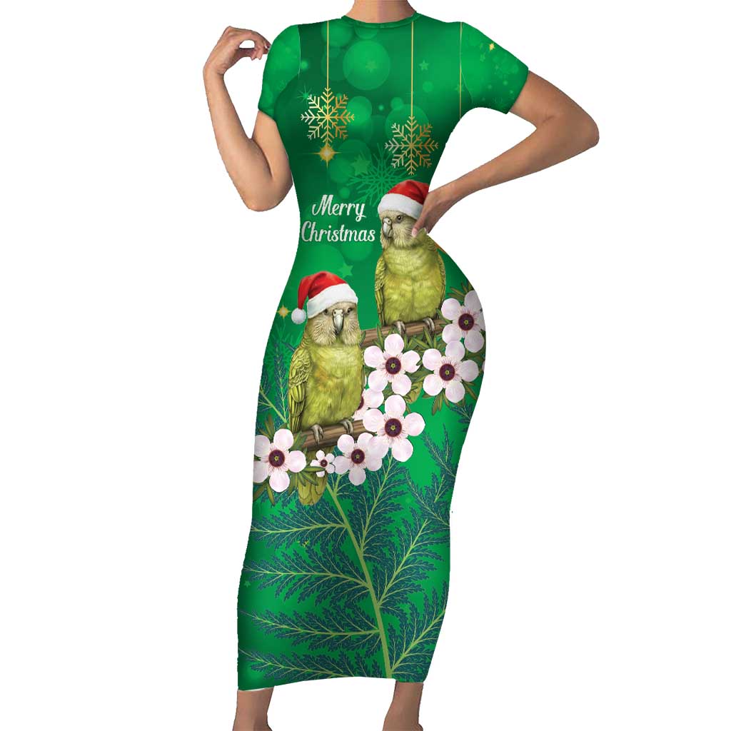 New Zealand Kakapo Christmas Short Sleeve Bodycon Dress Owl Parrot Santa Sliver Fern Manuka - Green - Polynesian Pride
