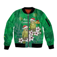 New Zealand Kakapo Christmas Sleeve Zip Bomber Jacket Owl Parrot Santa Sliver Fern Manuka - Green - Polynesian Pride