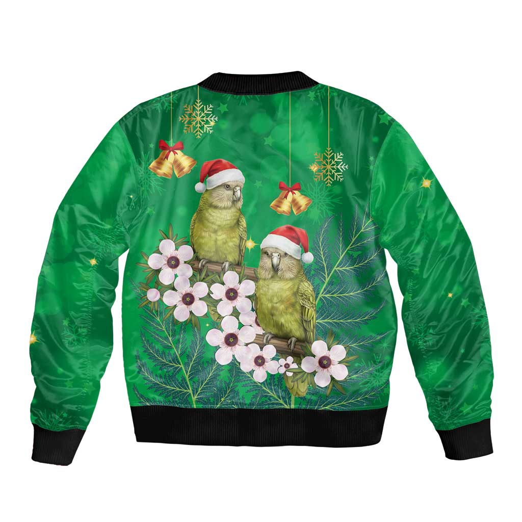 New Zealand Kakapo Christmas Sleeve Zip Bomber Jacket Owl Parrot Santa Sliver Fern Manuka - Green - Polynesian Pride