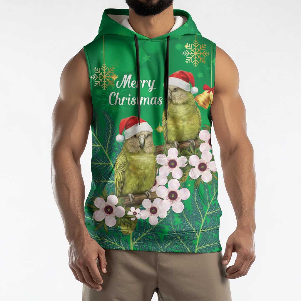 New Zealand Kakapo Christmas Sleeveless Hoodie Owl Parrot Santa Sliver Fern Manuka - Green - Polynesian Pride