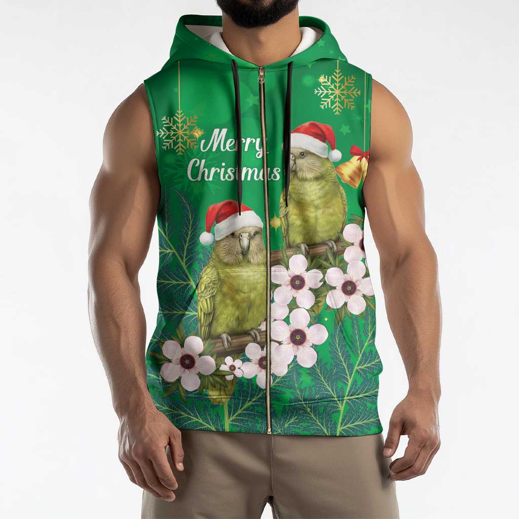New Zealand Kakapo Christmas Sleeveless Zip Hoodie Owl Parrot Santa Sliver Fern Manuka - Green - Polynesian Pride