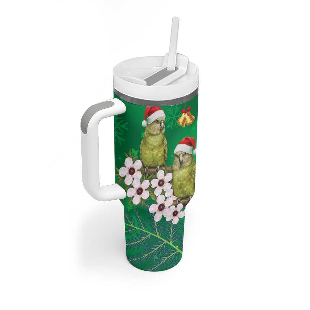 New Zealand Kakapo Christmas Tumbler With Handle Owl Parrot Santa Sliver Fern Manuka - Green - Polynesian Pride