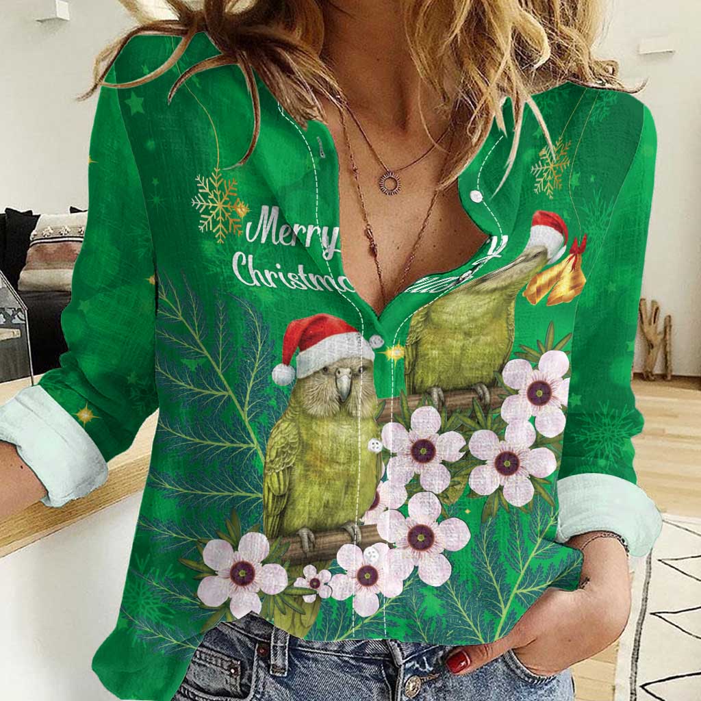 New Zealand Kakapo Christmas Women Casual Shirt Owl Parrot Santa Sliver Fern Manuka - Green - Polynesian Pride