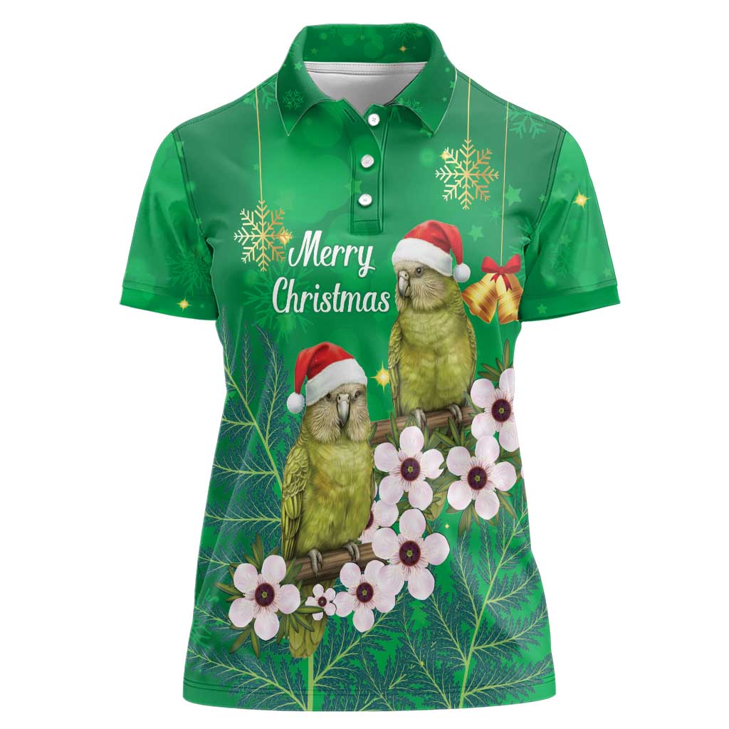 New Zealand Kakapo Christmas Women Polo Shirt Owl Parrot Santa Sliver Fern Manuka - Green - Polynesian Pride