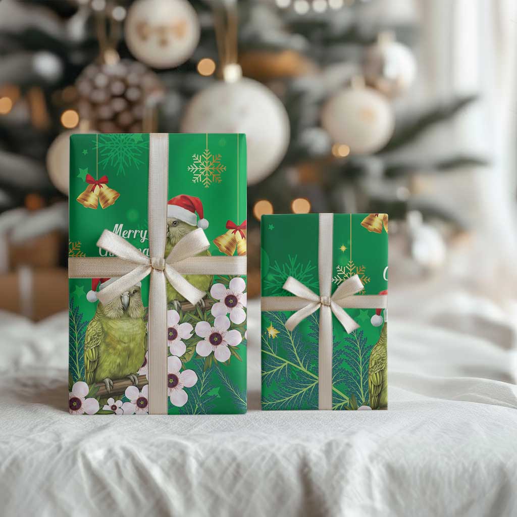 New Zealand Kakapo Christmas Wrapping Paper Owl Parrot Santa Sliver Fern Manuka - Green - Polynesian Pride