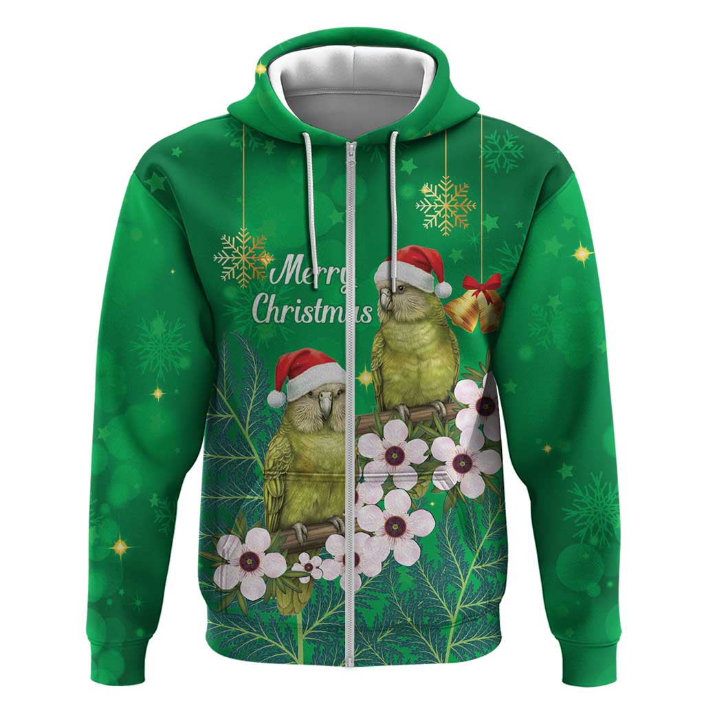 New Zealand Kakapo Christmas Zip Hoodie Owl Parrot Santa Sliver Fern Manuka - Green - Polynesian Pride