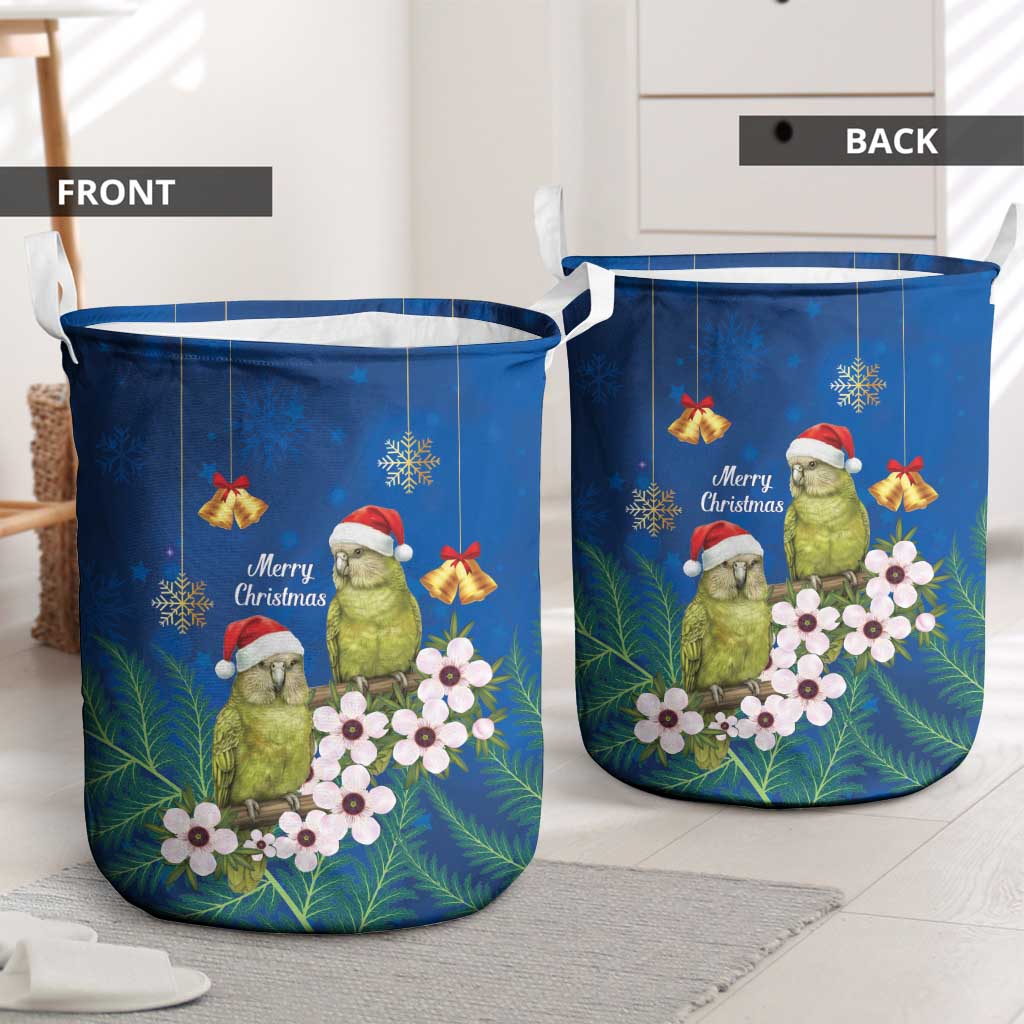 New Zealand Kakapo Christmas Laundry Basket Owl Parrot Santa Sliver Fern Manuka - Blue - Polynesian Pride