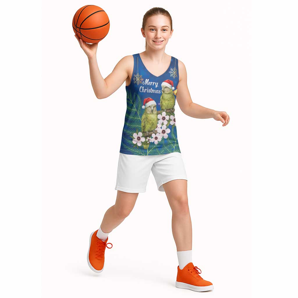 New Zealand Kakapo Christmas Basketball Jersey Owl Parrot Santa Sliver Fern Manuka - Blue - Polynesian Pride