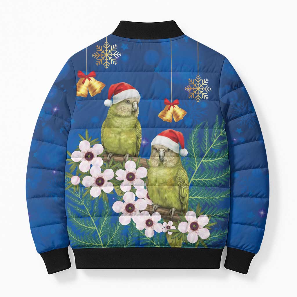 New Zealand Kakapo Christmas Bomber Puffer Jacket Owl Parrot Santa Sliver Fern Manuka - Blue - Polynesian Pride