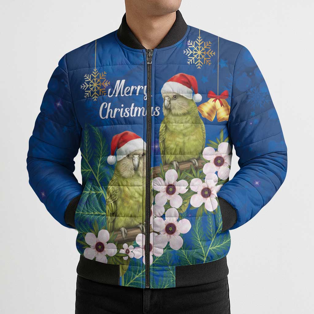 New Zealand Kakapo Christmas Bomber Puffer Jacket Owl Parrot Santa Sliver Fern Manuka - Blue - Polynesian Pride