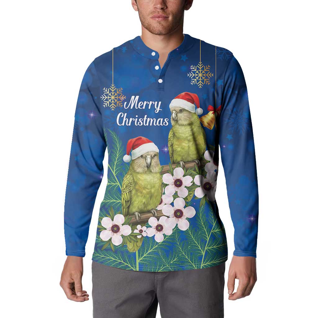 New Zealand Kakapo Christmas Button Sweatshirt Owl Parrot Santa Sliver Fern Manuka - Blue - Polynesian Pride