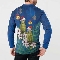 New Zealand Kakapo Christmas Button Sweatshirt Owl Parrot Santa Sliver Fern Manuka - Blue - Polynesian Pride