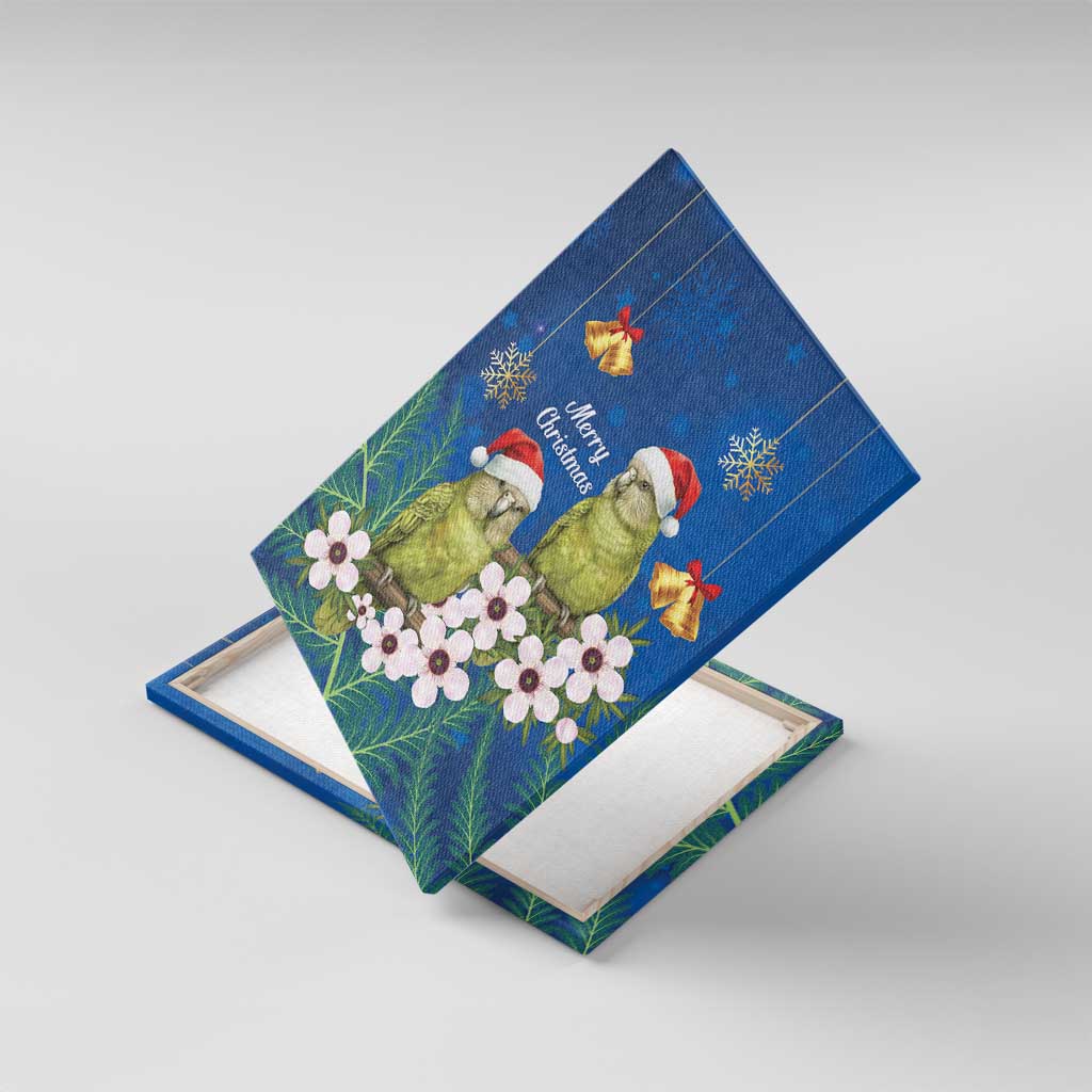 New Zealand Kakapo Christmas Canvas Wall Art Owl Parrot Santa Sliver Fern Manuka - Blue - Polynesian Pride