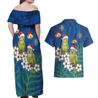New Zealand Kakapo Christmas Couples Matching Off Shoulder Maxi Dress and Hawaiian Shirt Owl Parrot Santa Sliver Fern Manuka - Blue - Polynesian Pride