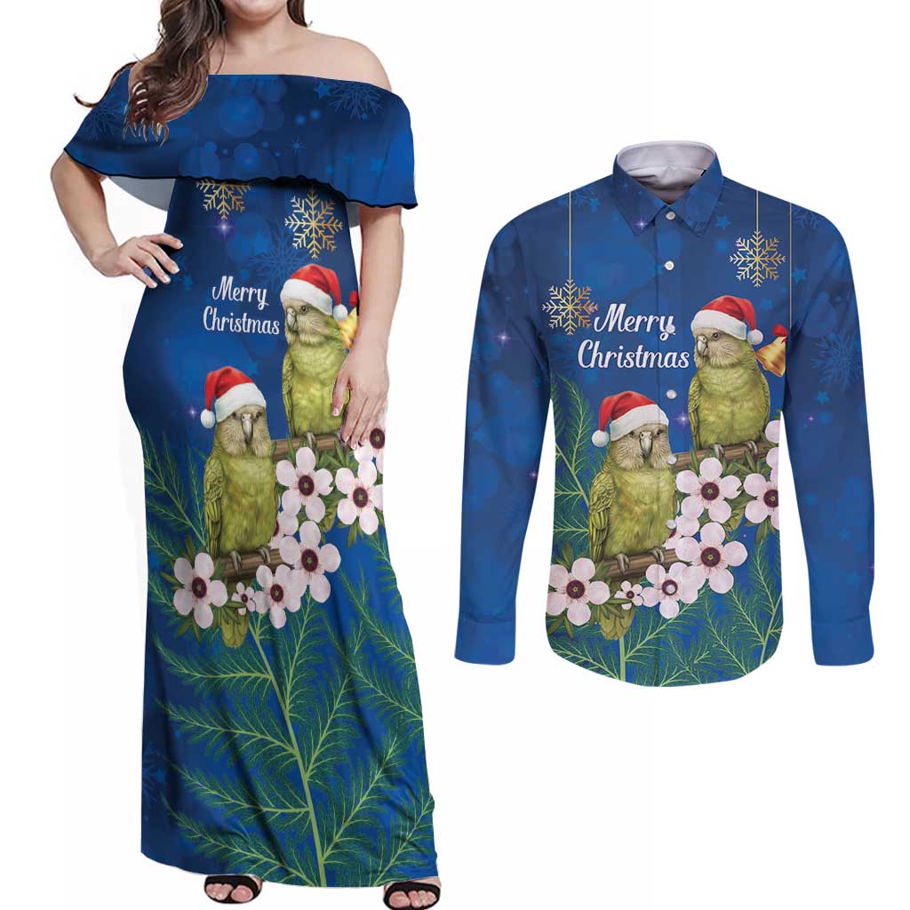 New Zealand Kakapo Christmas Couples Matching Off Shoulder Maxi Dress and Long Sleeve Button Shirt Owl Parrot Santa Sliver Fern Manuka - Blue - Polynesian Pride