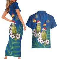 New Zealand Kakapo Christmas Couples Matching Short Sleeve Bodycon Dress and Hawaiian Shirt Owl Parrot Santa Sliver Fern Manuka - Blue - Polynesian Pride