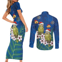 New Zealand Kakapo Christmas Couples Matching Short Sleeve Bodycon Dress and Long Sleeve Button Shirt Owl Parrot Santa Sliver Fern Manuka - Blue - Polynesian Pride