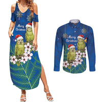New Zealand Kakapo Christmas Couples Matching Summer Maxi Dress and Long Sleeve Button Shirt Owl Parrot Santa Sliver Fern Manuka - Blue - Polynesian Pride