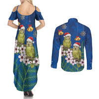 New Zealand Kakapo Christmas Couples Matching Summer Maxi Dress and Long Sleeve Button Shirt Owl Parrot Santa Sliver Fern Manuka - Blue - Polynesian Pride