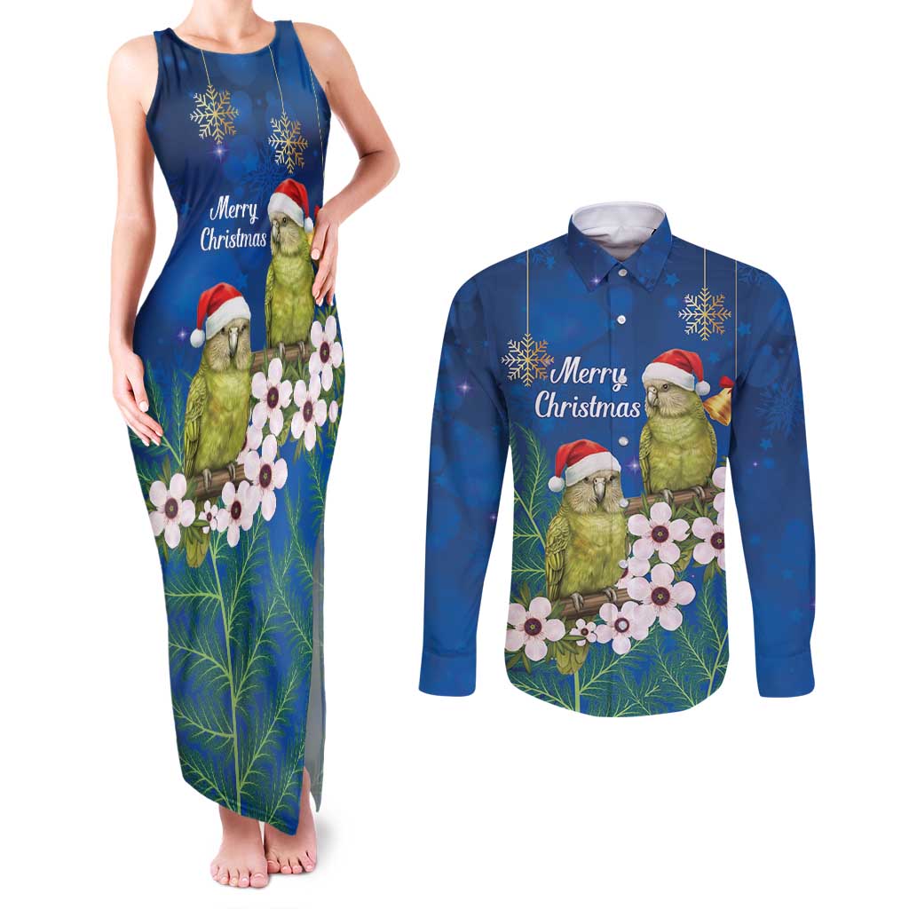 New Zealand Kakapo Christmas Couples Matching Tank Maxi Dress and Long Sleeve Button Shirt Owl Parrot Santa Sliver Fern Manuka - Blue - Polynesian Pride